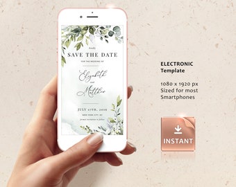 REESE - Save the Date Evite, Smartphone Electronic Invitation, Greenery Digital Template, Save Our Date Evite, Instant Download