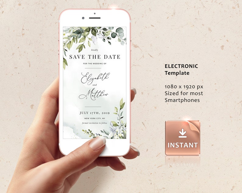 REESE Save the Date Evite, Smartphone Electronic Invitation, Greenery Digital Template, Save Our Date Evite, Instant Download image 1