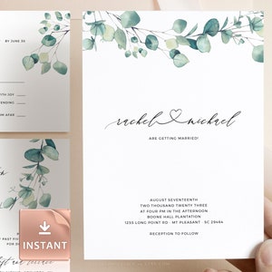 LAILA - Boho Eucalyptus Wedding Invitation Template with Watercolor Greenery, INSTANT Download, Minimalist Printable and Editable Invite
