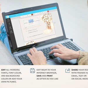 May include: A person using a laptop to edit a wedding invitation template. The invitation features a hot air balloon with a teddy bear and a beige background. The text on the invitation reads "Kindly Reply by June 10th, Accepts with Toy Number Attending, Will Celebrate from 4pm".