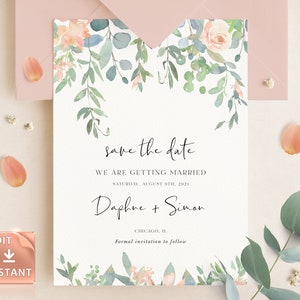TIFF - Blush Save The Date, modelo editável, verde fraco para impressão, salve nossa data, DIY Templett, casamento moderno delicado, anúncio