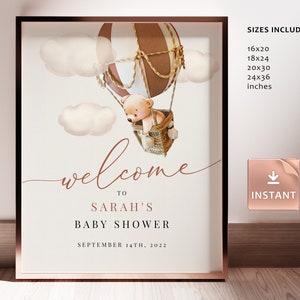 PEW Bear Hot-Air Balloon Welcome Sign, Gender Neutral Baby Shower Sign, Editable Welcome Sign, Welcome Poster, Printable Brown Signage