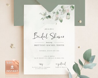 Eucalyptus Bridal Shower Invitation: Blush Pink Watercolor (DIY Printable)