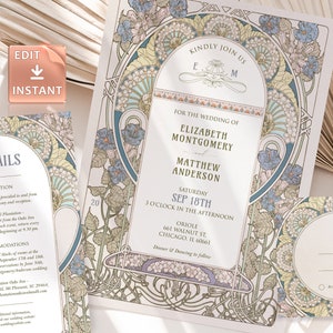 Puede incluir: Una invitación de boda con un diseño art nouveau con motivos florales en tonos azules, verdes y amarillos. La invitación es para Elizabeth Montgomery y Matthew Anderson, y la boda está programada para el 18 de septiembre a las 3 de la tarde. La invitación incluye la dirección de la ceremonia y la recepción, así como detalles sobre el transporte y el alojamiento.