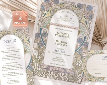 May include: A wedding invitation with an art nouveau design featuring floral patterns in shades of blue, green, and yellow. The invitation is for Elizabeth Montgomery and Matthew Anderson, and the wedding is scheduled for September 18th at 3 o'clock in the afternoon. The invitation includes the address for the ceremony and reception, as well as details about transportation and accommodations.