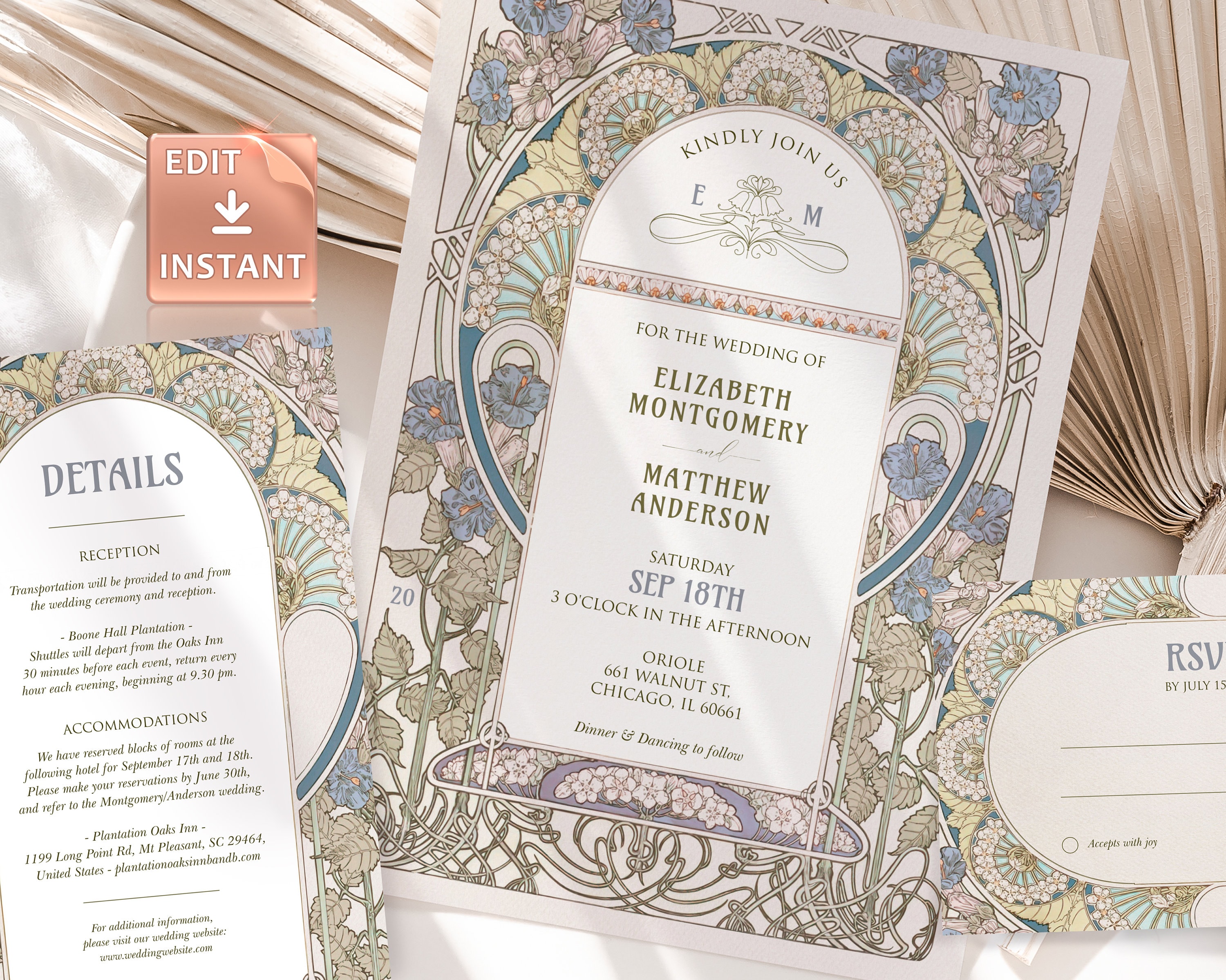 Bougainvillea Wedding Invitation Template: Art Nouveau Editable 
