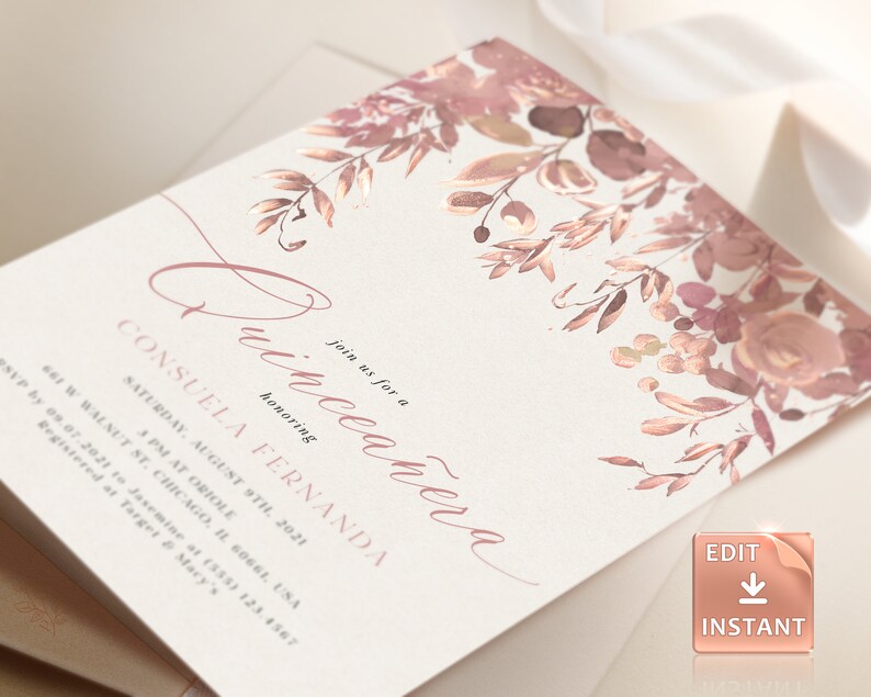 May include: A blush pink and gold Quincea&ntilde;era invitation with a floral design. The invitation reads "Join us for a Quincea&ntilde;era honoring Consuela Fernanda" and includes the date, time, and location of the event.