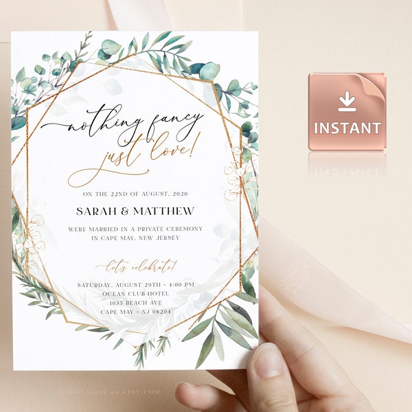 ROMA - Geometric Nothing Fancy Just Love Invitation, Greenery Marriage Announcement Invite Faux Gold, INSTANT Download, Editable, Printable