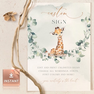 GIO - Giraffe Baby Custom Sign, Baby Shower Sign, Editable Baby Sign, Customizable Sign, Little Giraffe Sign, Custom Giraffe Signage