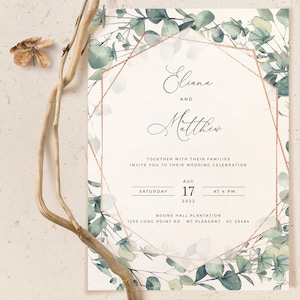 LAILA - Geometrische Hochzeitseinladungsvorlage mit Aquarell Eukalyptusgrün, SOFORTIGER Download, bearbeitbar, druckbar
