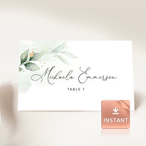 CLEO - Tarjetas de lugar de boda imprimibles, hojas verdes de acuarela de eucalipto, planas y plegadas en tienda, DESCARGA INSTANTÁNEA, Plantilla editable