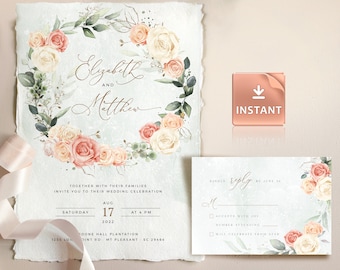 Blush Rose Wedding Invitation Template: Faux Gold Floral (Template Download)