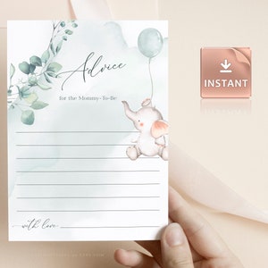 JOY - Modèle de conseils pour la future maman, cartes de conseils Baby Shower, cartes de conseils de douche de bébé, carte de conseils imprimable, carte éléphant modifiable