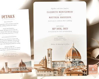 Florence Destination Wedding Invitation - Elegant Terracotta Script Vintage Design - Perfect for Tuscan Theme Weddings Burnt Orange