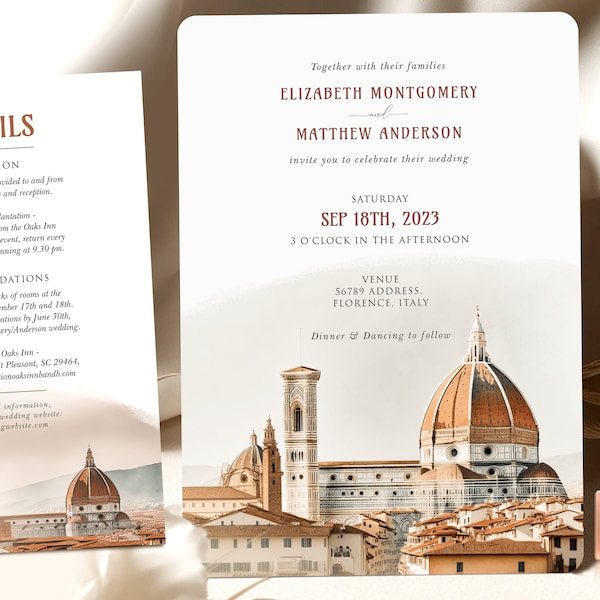 Florence Destination Wedding Invitation - Elegant Terracotta Script Vintage Design - Perfect for Tuscan Theme Weddings Burnt Orange