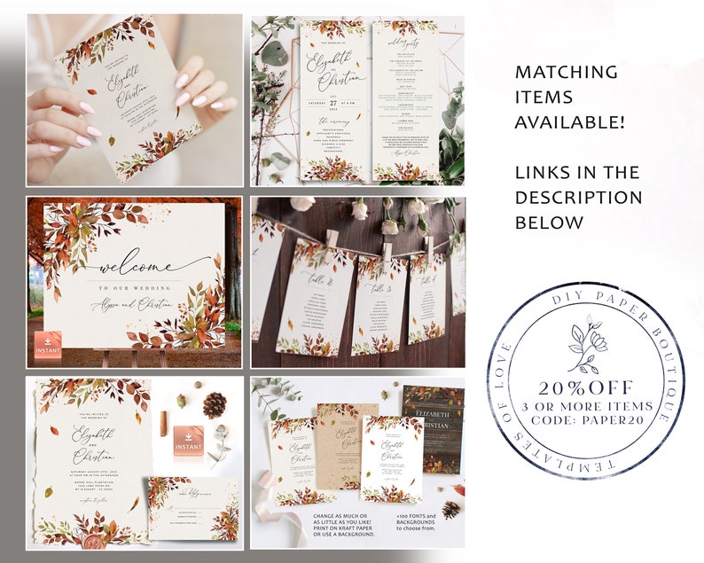 SIENNA BOHO Fall Wedding Invitation Template, Autumn Leaves and Greenery, INSTANT Download Editable Suite, Printable Marriage, Fall Bundle image 10