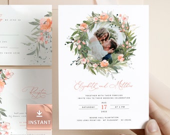 VENA - Blush Picture Wedding Invitation Template, Peonies Roses Greenery Wedding, Burnt Orange Roses Invitation, Photo Invites for Wedding