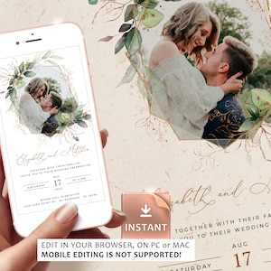 CLEO - Picture Wedding Evite Template, Image Smartphone Electronic Invitation, Greenery Digital Invite, Editable Instant Download for Mobile