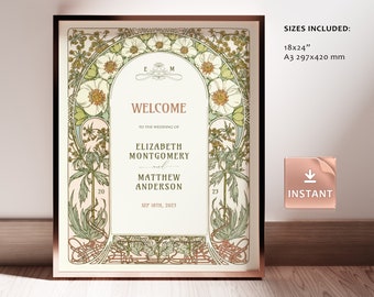 Magnolia Wedding Welcome Sign: Art Nouveau Mucha Template (Editable)