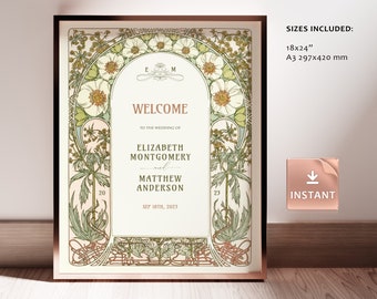 Vintage Magnolia Welcome Sign Wedding Template Art Nouveau Mucha Classic Editable Customizable Retro Art Deco Theme Roaring 20th