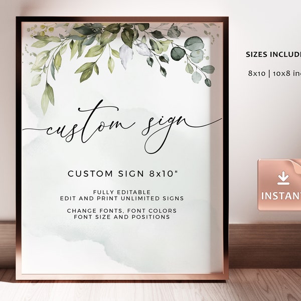 REESE - Greenery Custom Wedding Signs, Editable Template, Wedding Poster, Reception Decor, Eucalyptus Printable Sign, Bohemian Olive Sign