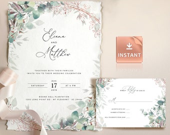 MAIA - Wedding Invitation Template with Eucalyptus Faux Rosegold. Rustic Watercolor Editable Printable Stationery Suite Custom DIY Download