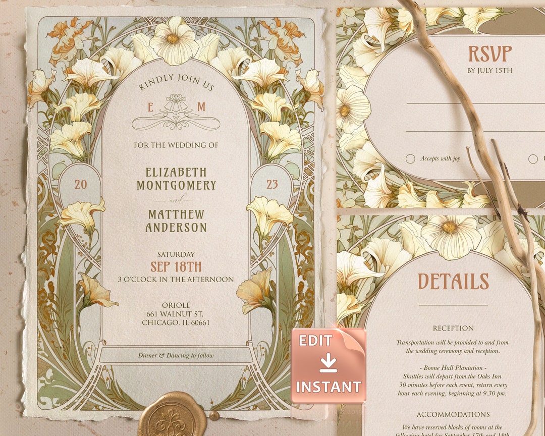 Art Nouveau Wedding Invitation Template Calla Lily Vintage by Mucha Art Nouveau Wedding Invitation Template Calla Lily Vintage by Mucha