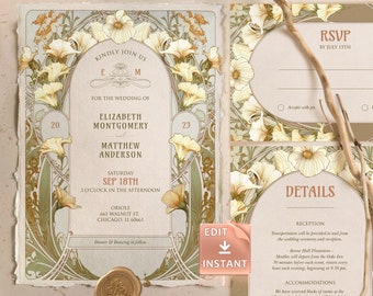 Art Nouveau Calla Lily Wedding Invitation: Mucha Style (Editable Template)