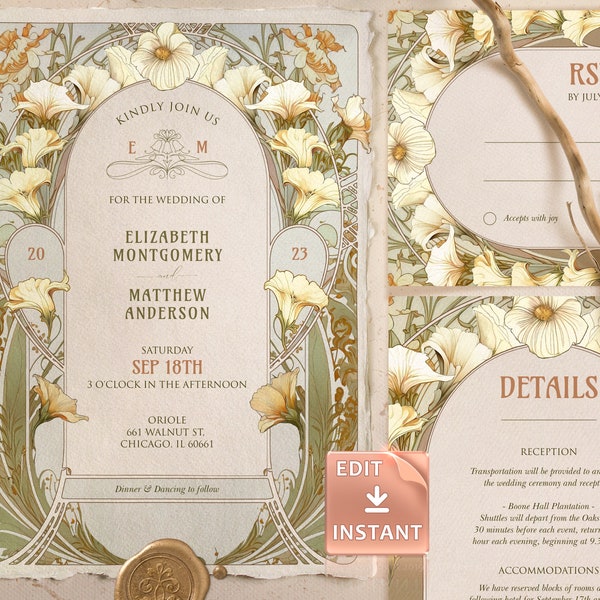 Art Nouveau Wedding Invitation Template Calla Lily Vintage by Mucha Classic Editable Customizable Retro Invite Art Deco Green Lily Theme