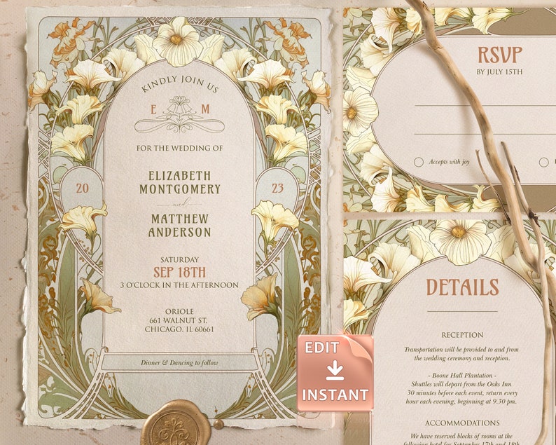 Art Nouveau Wedding Invitation Template Calla Lily Vintage by Etsy