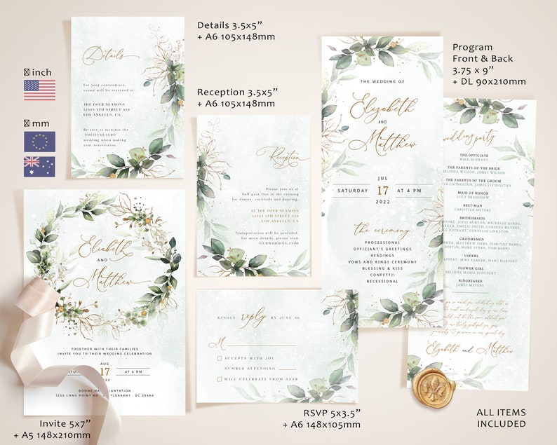 Boho Wreath Wedding Invitation Template, Wedding Invite Template, Wedding Invitation, Invitation Template Download, Faux Gold Invite CLEO image 2