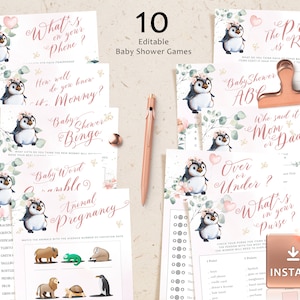 Puede incluir: Diez tarjetas de juego de baby shower imprimibles con una ilustración de pingüino y acentos florales. Los juegos incluyen "What's on your phone?", "How well do you know Mommy?", "Baby Shower Bingo", "Baby Word Scramble", "Animal Pregnancy", "Price is Right", "Baby Shower ABC", "Who said it? Mom or Dad?", "Over or Under?" y "What's in your purse?"