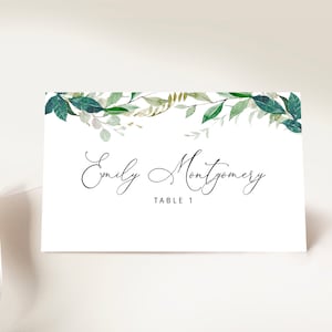 CIRC - Tarjetas de lugar de boda de vegetación, corona de vegetación de acuarela, plegada plana y en tienda, DESCARGA INSTANTÁNEA, plantilla de nombre de tarjeta de asiento editable