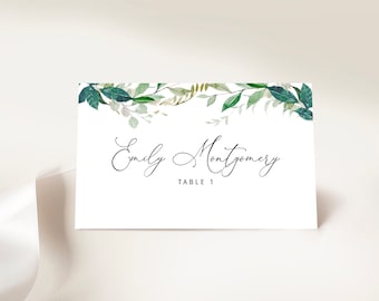 CIRC - Greenery Wedding Place Cards, Watercolor Greenery Wreath, Flat and Tent Folded, INSTANT DOWNLOAD, Editable Seating Card Name Template