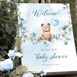 FUZZY - Blue Bear Baby Shower Welcome Sign, Custom Bear Balloon Sign, Editable Animal Poster, Babyblue Teddy Welcome, Boy Bear Signage