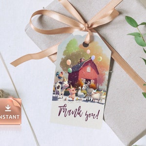 Thank You Tags Editable Farm Animals Birthday Red Barn Barnyard Stickers Farm Birthday Decor Favor Tags Cow Pig Chicklet Donkey Template