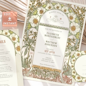 Vintage-Hochzeitseinladungsvorlage im Jugendstil von Mucha, klassische, editierbare, anpassbare Retro-Einladung, Art-Deco-Wasserlilien-Thema