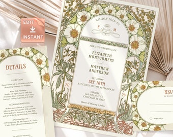 Art Nouveau Wedding Invitation Template: Magnolia Theme by Mucha