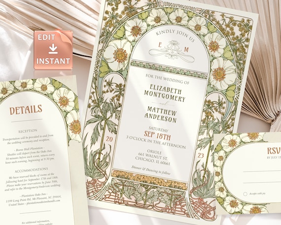 Vintage Wedding Invitation Template Art Nouveau by Mucha Classic