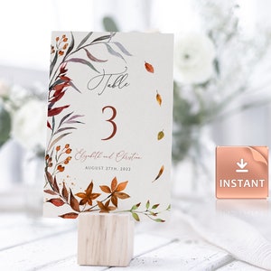 SIENNA - Tarjetas de números de mesa de otoño, follaje de acuarela naranja quemado, plantilla imprimible editable, tarjeta de número de mesa de boda, tarjetas de otoño