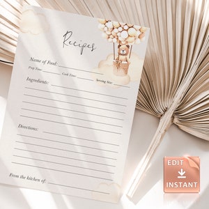 Teddy Bear Recipe Card, Boho Recipe Request Insert, Instant Download, brown bear balloon, imprimable party guest games, editable template