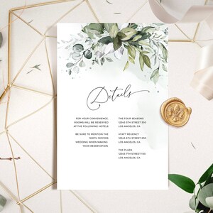 May include: Wedding details card with a watercolor floral design in shades of green and white. The card includes information about hotel accommodations and the wedding reception. The text reads: "Details", "For your convenience, rooms will be reserved at the following hotels", "Be sure to mention the Smith Meyers wedding when making your reservation", "The Four Seasons 12345 5th Street 350 Los Angeles, CA", "Hyatt Regency 12345 6th Street 250 Los Angeles, CA", "The Plaza 12345 7th Street 150 Los Angeles, CA".