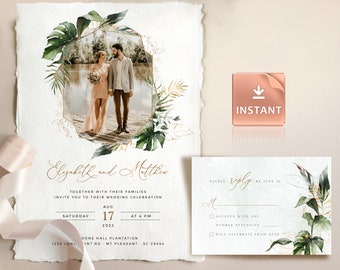 PAIGE - Picture Wedding Invitation Template, Tropical Photo Wedding Invite, Greenery Invitations, Botanical Editable Invites, Picture Invite