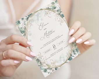 LAILA - Eucalyptus Gold Wedding Invitation Template, Watercolor Eucalyptus Greenery, INSTANT Download, Editable, Printable Templett