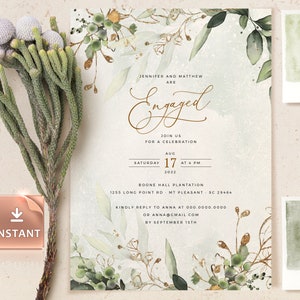 Boho Verlobung Einladung Vorlage: Faux Gold Greenery (SOFORT Download)