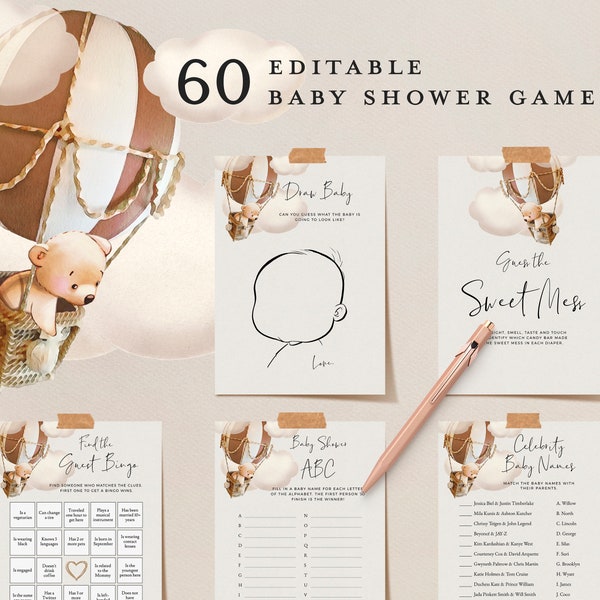 PEW 60 Bear Hot-Air Balloon Baby Shower Games, Editable Cute Shower Game Bundle, Download, Brown Bear Cub, Printable DIY Party Virtual Games