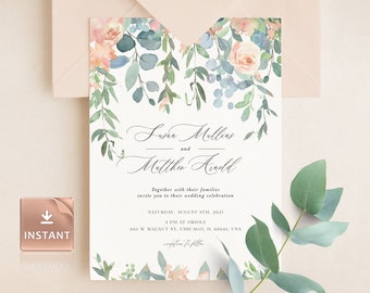 Blush Floral Wedding Invitation Template: Modern Boho Invite (Digital Download)