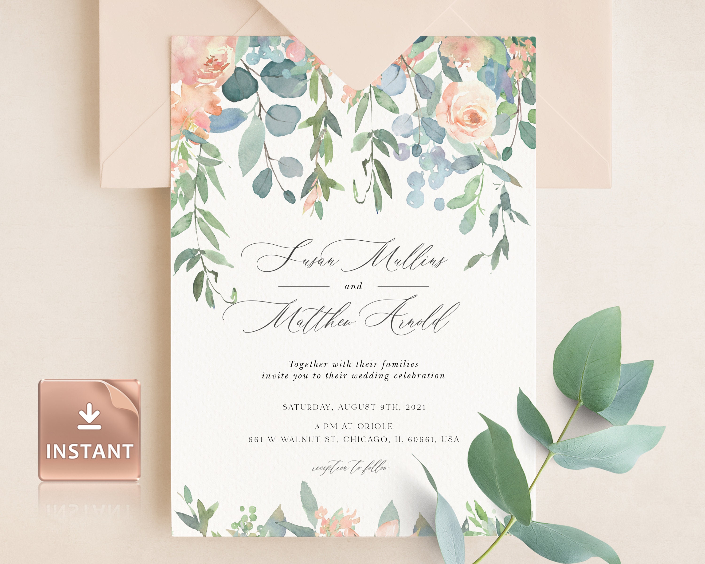Blush Floral Wedding Invitation Template: Modern Boho Invite (digital  Download) - Etsy, image size:3000x2400