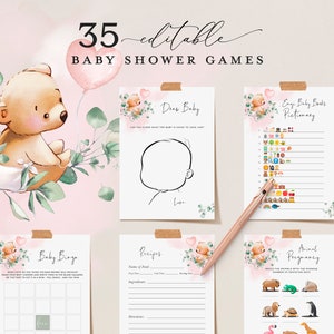 BooBoo - Pink Bear Baby Shower Games, 35 Editable Girl Baby Shower Games, Bear Baby Shower Games Bundle Printable, Virtual Baby Party Games