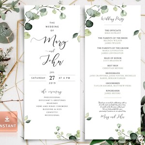 Eucalyptus Wedding Program Template: Rustic Greenery, Boho DIY (Printable)